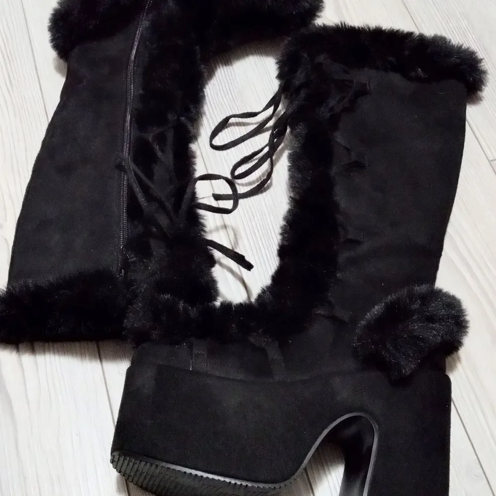 (T-4370) Platform Snow Boots for Women Furry Cozy Knee High Boots Sz 35 (4.5)